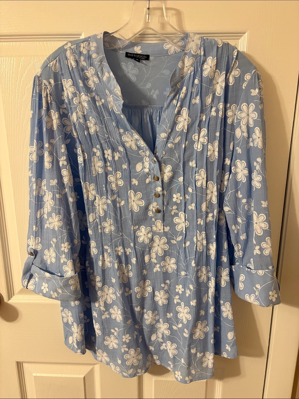 Ava & Grace Sky Blue Floral Pintuck Henley Tunic
